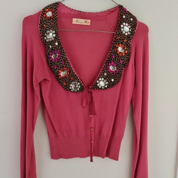 Host Pick Alannah Hill pink Jewel Beaded Collar Cardigan Longsleeve Top